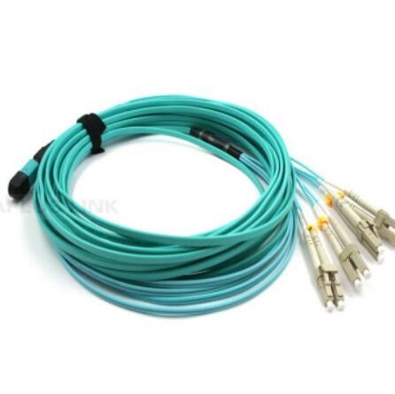8 Core MPO Fiber Connector , 50um Om3 MPO To LC Patch Cord LSZH Aqua